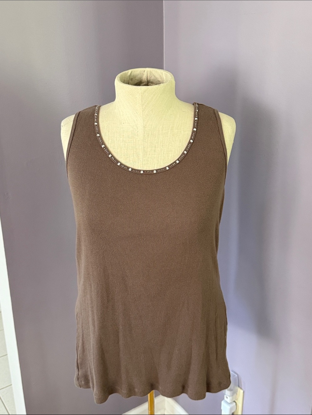 St. John's Bay Brown Sleeveless Tank with Bead-Trim Scoop Neck